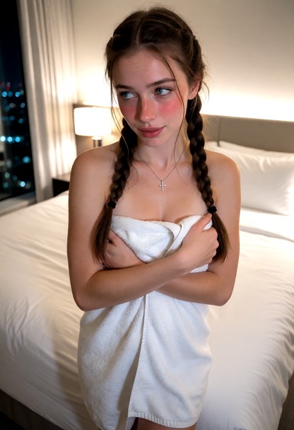 Location: a modern and minimalist hotel room with clean lines, a large bed covered in crisp white linens, and soft am…