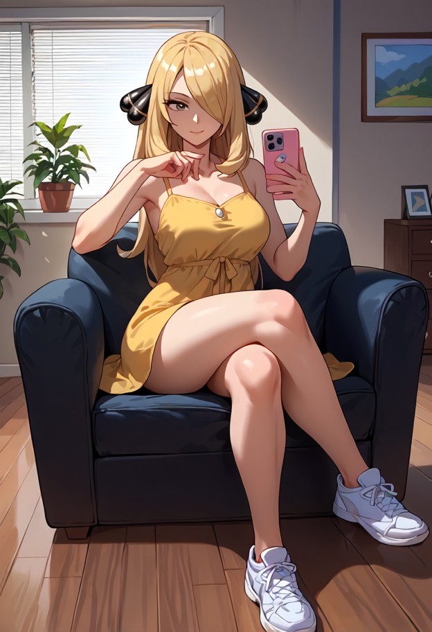 1girl sitting in armchair,yellow sundress,white sneakers,crossed legs,hands on lap,frontal view,modern living room,gr…