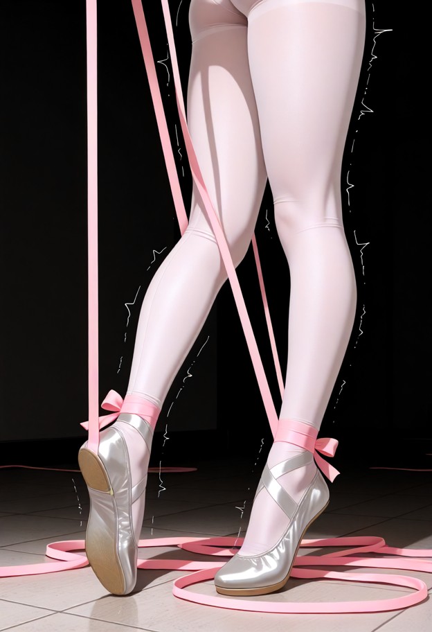 a low-angle,close-up shot of a ballerina standing "en pointe" on a dusty stage. the focus is entirely on the tremblin…