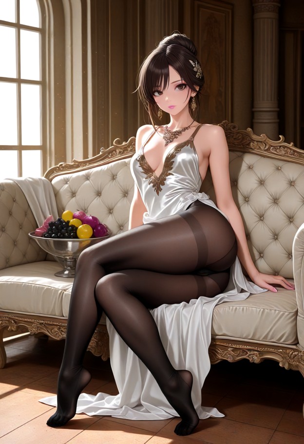 masterpiece oil painting style,a beautiful woman reclining elegantly on an ancient roman chaise lounge,wearing a soft…