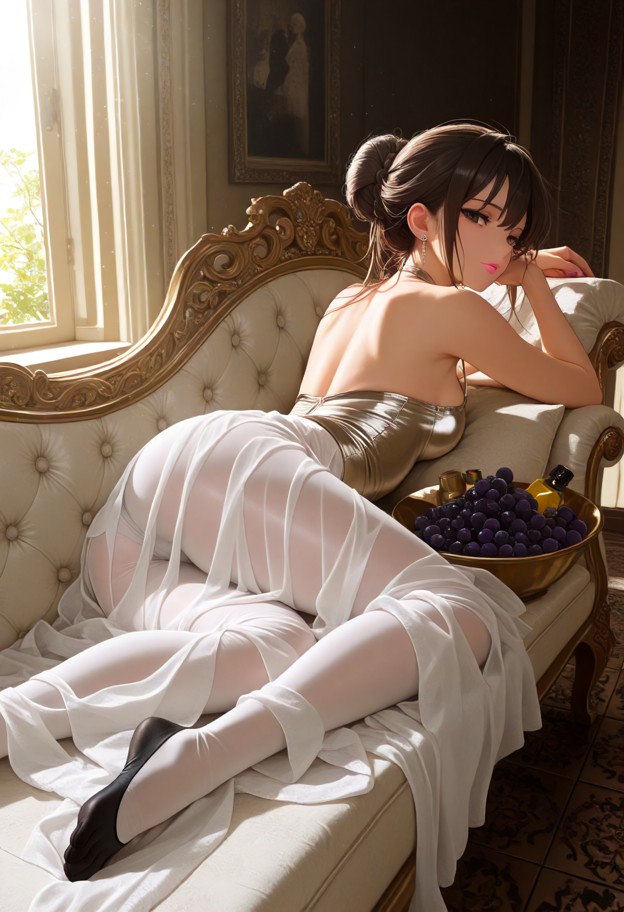 masterpiece oil painting style,a beautiful woman reclining elegantly on an ancient roman chaise lounge,wearing a soft…