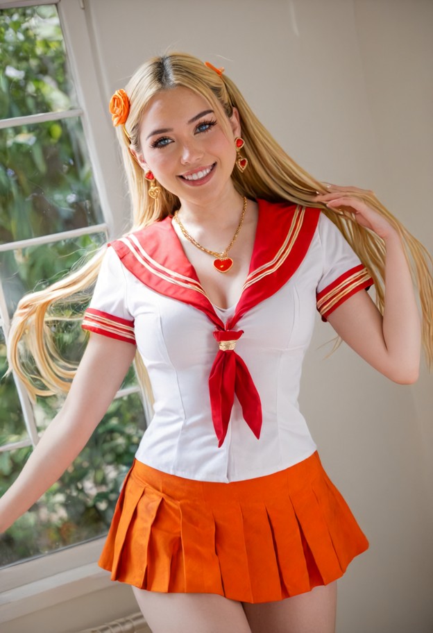 she is wearing a classic sailor-style uniform: a fitted white short-sleeved blouse with a vibrant orange sailor colla…