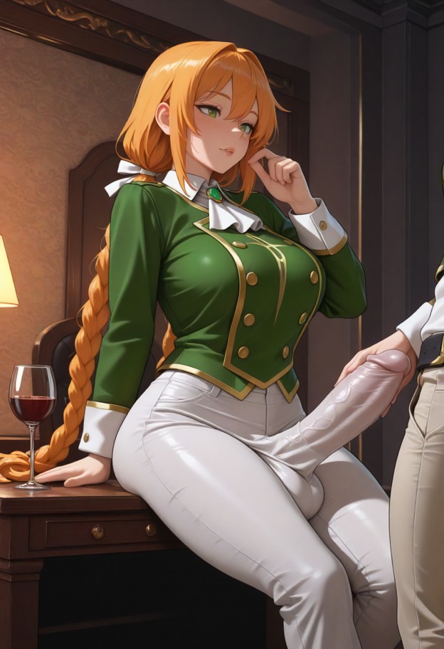 guild hall,futa sitting on a chair behind desk,wine glasses on table,afternoon,very long hair made into twintails,whi…