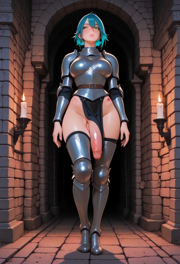 castle,stone_walls,castle corridor,futa  queen.
2 futa angel guards standing on both sides (wearing full-body plate a…