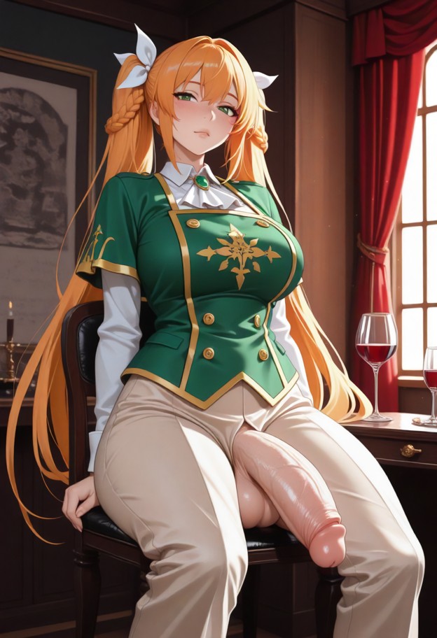 guild hall,futa sitting on a chair behind desk,wine glasses on table,afternoon,very long hair made into twintails,whi…