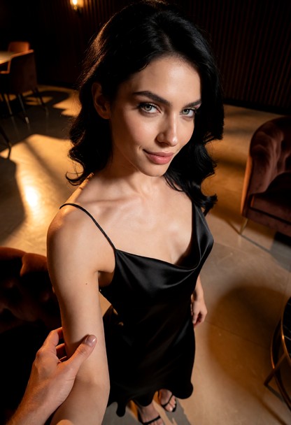 Location: dim evening in a private lounge with warm amber light casting long, soft shadows across the polished floor …