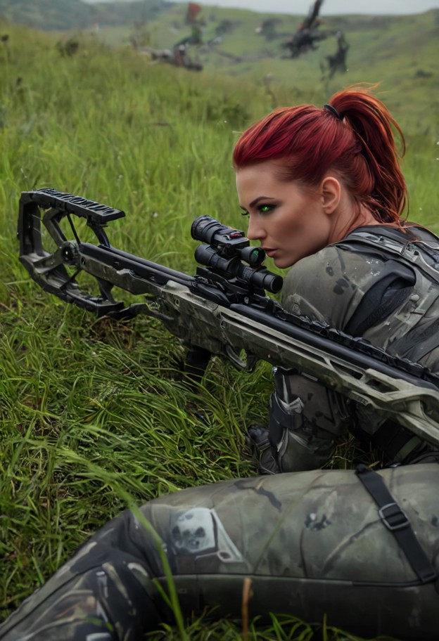 a cinematic low-angle,over-the-shoulder shot of a modern female hunter
lying prone in tall,wind-blown grass. she is …