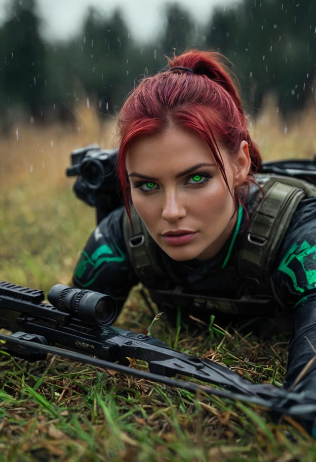 a
hyper-realistic cinematic ground-level shot,8k red camera aesthetic. a
modern female hunter lying prone in tall,d…