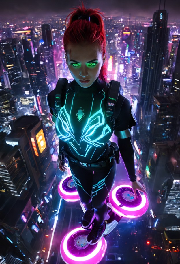 (high-altitude action shot:1.4),cyberpunk rider soaring,(flying on pink mechanical hoverboard:1.4),completely airborn…