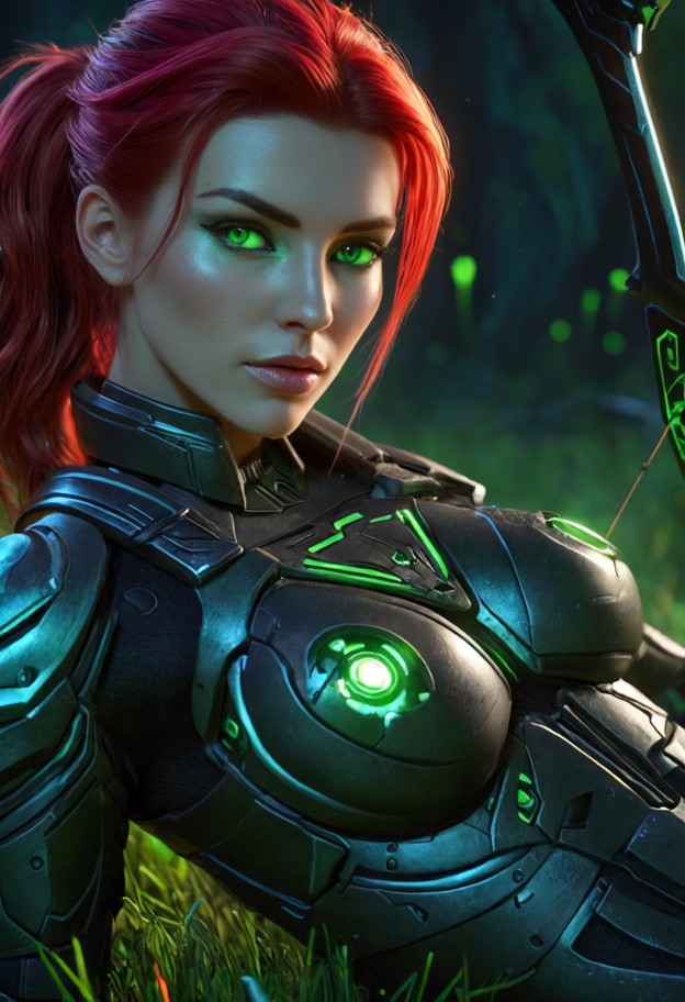 stylized
3d character render,octane render,4k. a sleek,modern female archer
lying in stylized tall grass. the obsid…