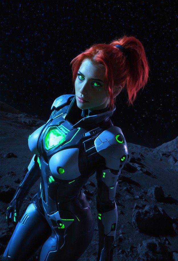 studio
 trigger anime style,high-angle vertical shot. a young woman standing 
on the desolate lunar surface,looking u…