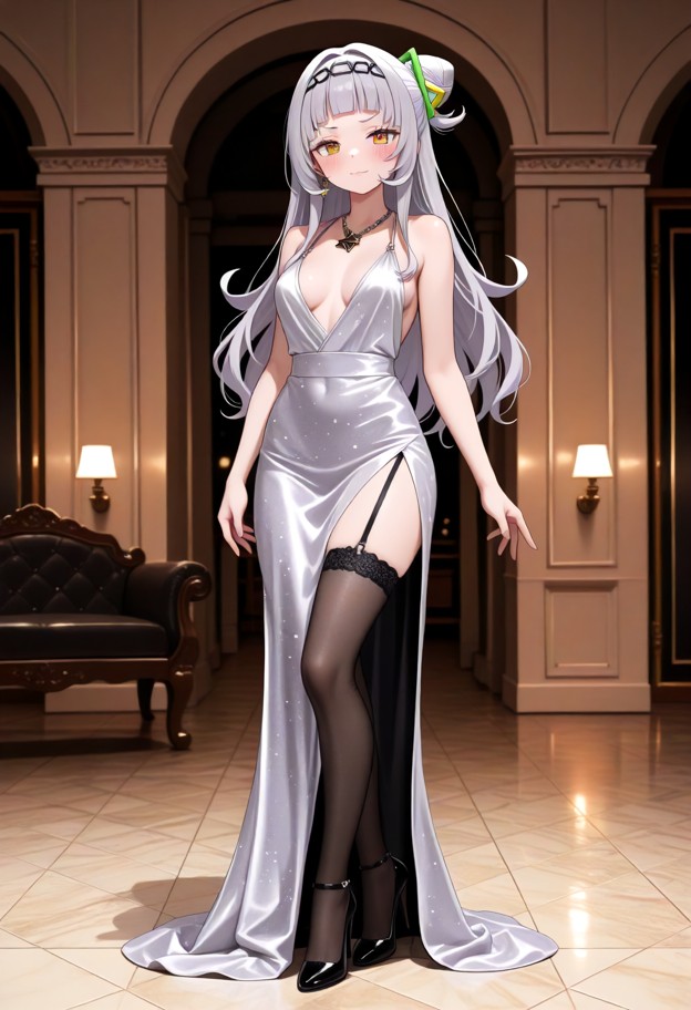 she is standing in an evening dress,evening dress,slit dress,stockings,stiletto heels,ballroom,full body,eye level,so…