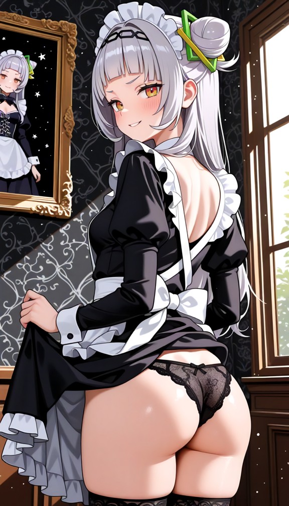 1girl,underwear,panties,ass,breasts,maid,thighhighs,black_panties,solo,maid_headdress,enmaided,indoors,clothes_lift,p…