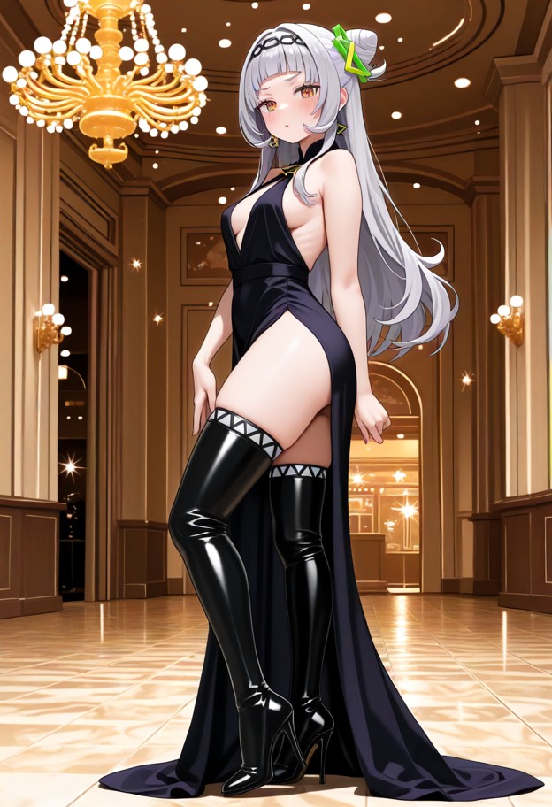 she is is standing in a ballroom,evening dress,slit dress,stockings,thigh high leather boots,stiletto heels,ballroom,…