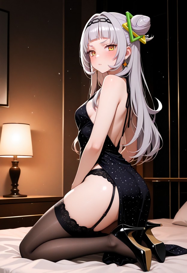 she is wearing an evening dress with a slit,evening dress,garter belt,stockings,stiletto heels,luxury ballroom,full b…