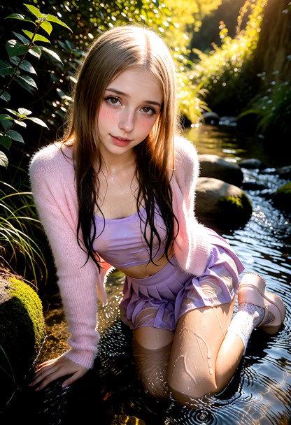 Location: secluded stream area behind lush green bushes during the late afternoon, with golden sunlight filtering thr…