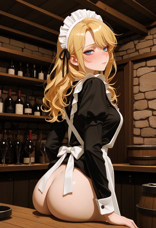 maid outfit,apron,ribbons,uniform,soft makeup,simple accessories,wine cellar,barrels,stone walls,wooden table