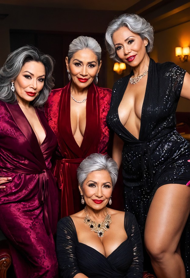 golden girls cartel leans forward over the dark wood table,red silk robe,gold jewelry,dimly lit resident lounge,velve…