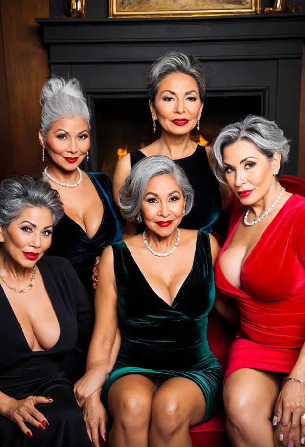 five women are sitting in a resident lounge,she is sitting in velvet armchair wearing black silk dress and pearl neck…