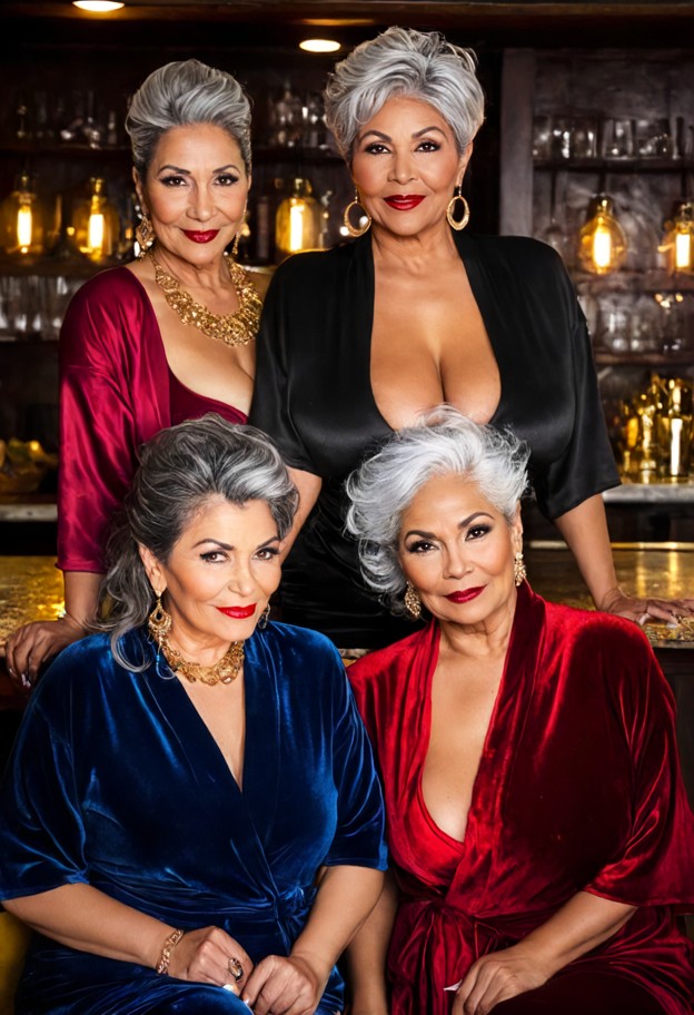 golden girls cartel is leaning against the bar counter,red silk robe,gold jewelry,dimly lit resident lounge,velvet ar…