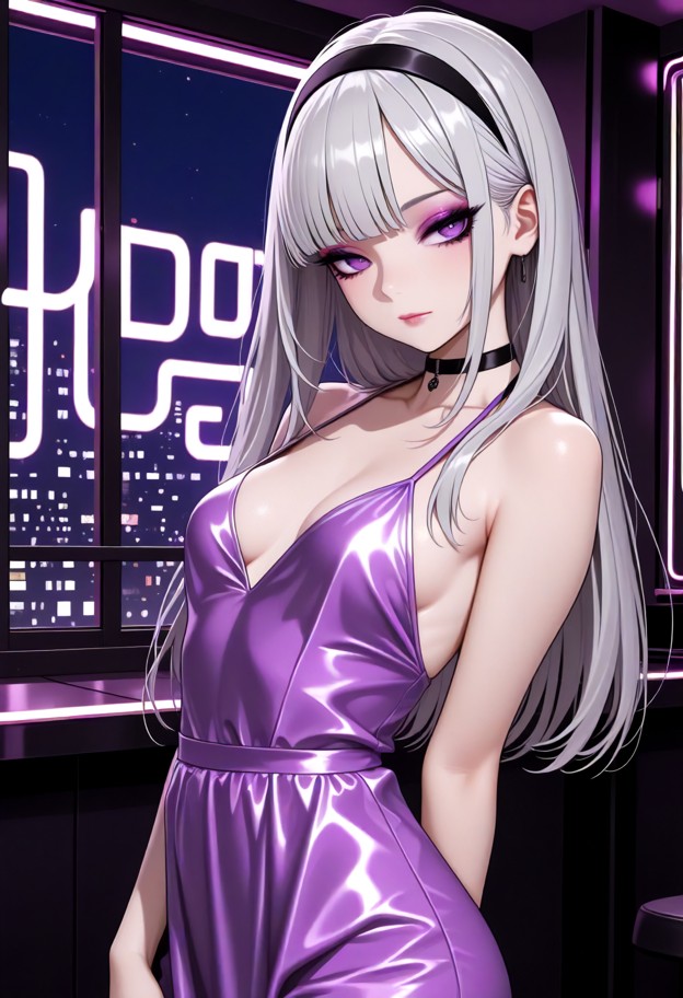 caucasian,18 years old,petite,cute face,kawaii,silver hair,hime haircut,side bangs,shoulder length hair,hairband,purp…