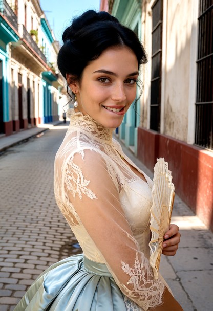 Location: a vibrant, sun-drenched street in 1876 Havana with colorful colonial architecture, cobblestone paths, and w…