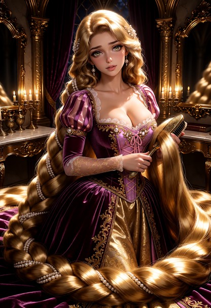 a detailed fantasy portrait of rapunzel, magically transformed into the perfect, compliant, and ever-showpiece bimbo …