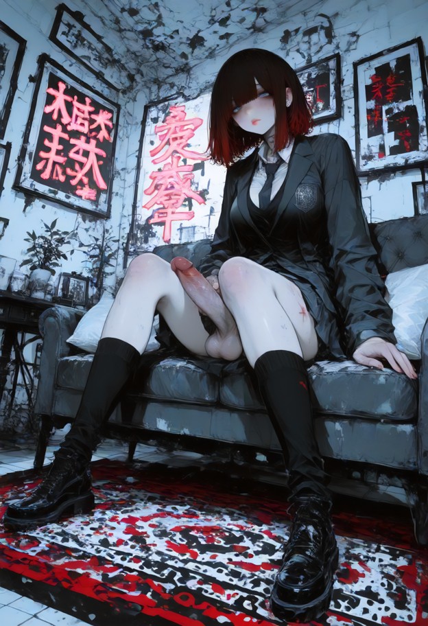 1girl,sit,humping (pillow),low-angle shot,viewed slightly from below,dynamic composition,living room,sofa,carpet,coff…