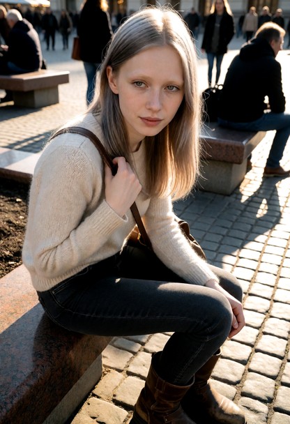 Location: a bustling public square during the late afternoon, with warm sunlight casting long shadows across the cobb…