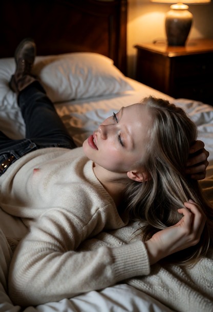 Location: the interior of a dim bedroom during the early evening, where warm amber light from a bedside lamp casts so…