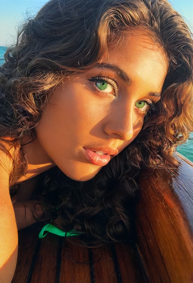 lying on her back,naked,boobs,dahlia,sun-drenched wooden boat deck,turquoise ocean waves,medium shot,bright sunlight,…
