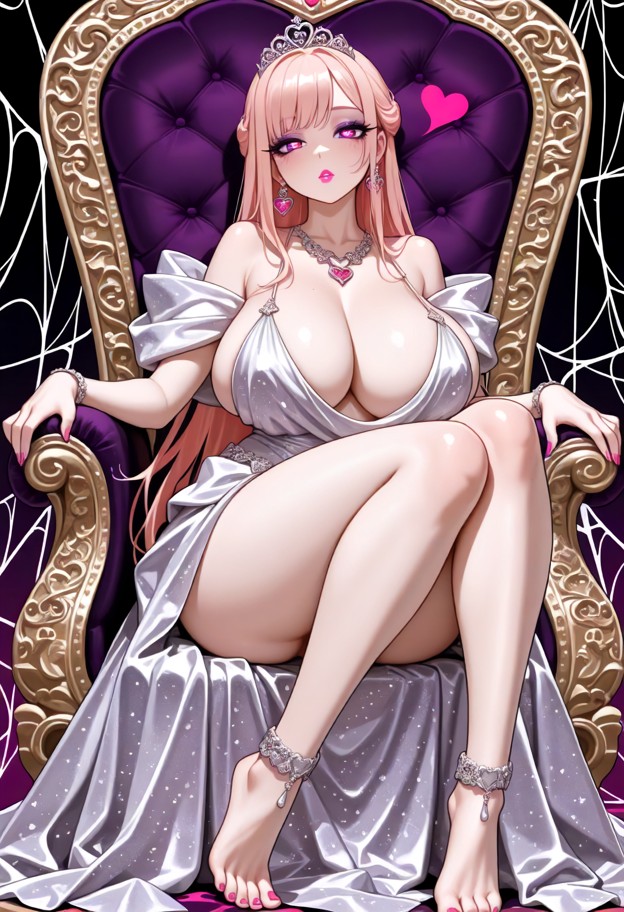1girl,princess,sitting,on throne,wearing luxurious royal gown,purple,silk,gold embroidery,precious gems,matching tiar…