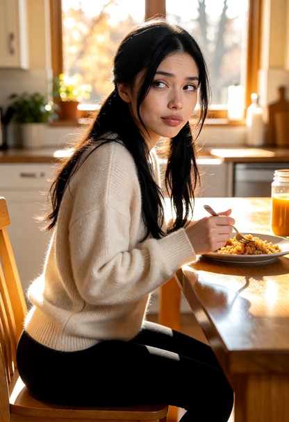 Location: bright morning in a sunlit kitchen where golden light streams through a window, illuminating dust motes in …