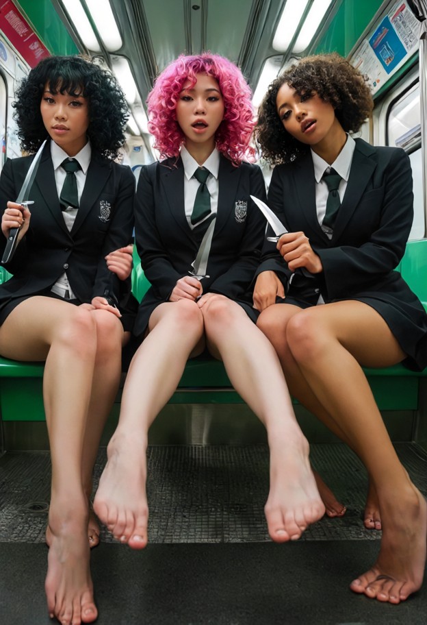 (medium full shot:1.3),(vertical composition:1.3),(first-person pov:1.4) looking at 3 schoolgirls sitting close toget…