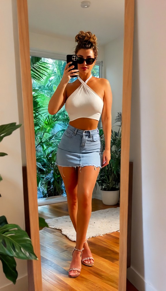 a full-body mirror selfie of a stylish young woman posing indoors. she has long brown hair tied up in a casual updo a…