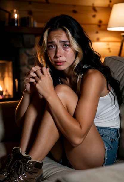 Location: late night inside a cozy wooden cabin, where the warm, amber glow from a nearby fireplace and a soft lamp c…