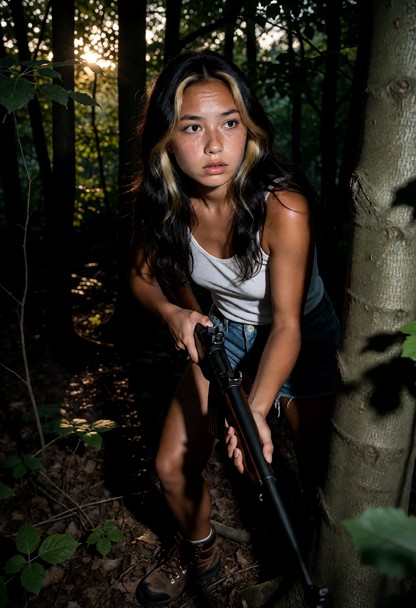 Location: late evening in the dense, shadowy tree line beyond the compound perimeter, where the fading sunlight strug…