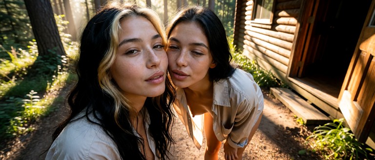 Location: bright morning outside the rustic wooden cabin, where the golden sunlight filters through the forest canopy…