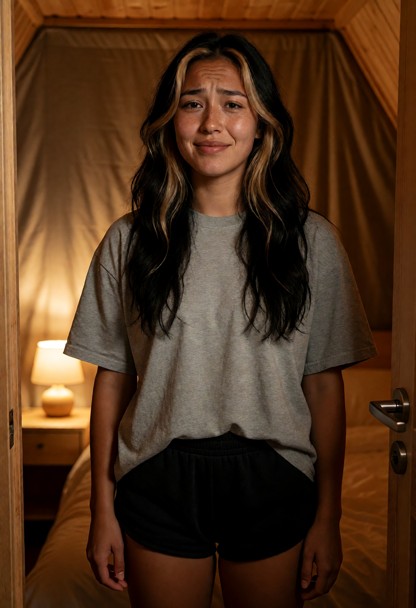 Location: night inside a cozy wooden cabin with warm, low-level amber light from a small bedside lamp casting soft gl…