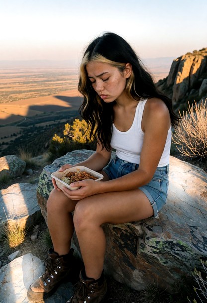 Location: late afternoon on a high rocky outcrop overlooking a vast, sprawling valley under a pale, fading sky, with …