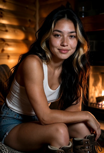 Location: late night inside the cozy cabin, where the dim, warm glow from the fireplace casts soft orange light acros…