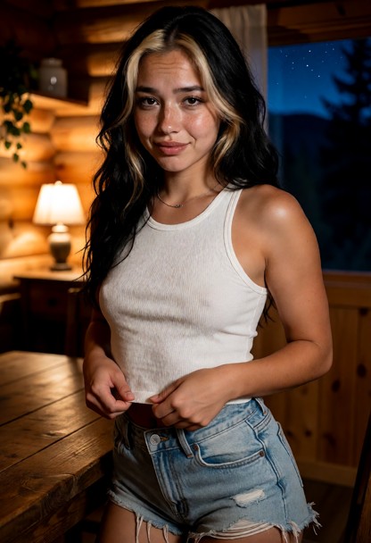 Location: evening in a rustic cabin interior with soft amber light from a small lamp casting warm glows on the wooden…