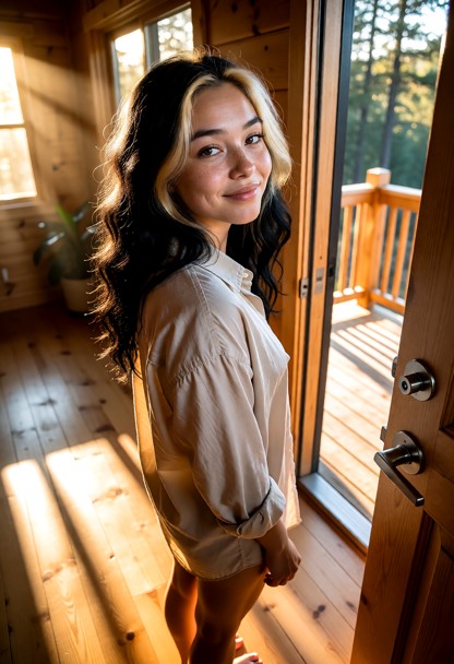 Location: morning inside the cozy wooden cabin, where bright golden sunlight filters through the windows in long, dus…