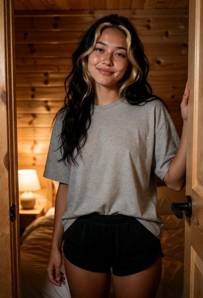 Location: night inside a cozy wooden cabin with warm, low-level amber light from a small bedside lamp casting soft gl…