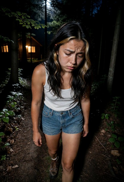 Location: late night on the dark forest path outside the cabin, where the moonlight struggles to pierce through the d…