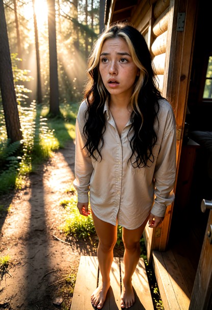 Location: bright morning outside the rustic wooden cabin, where the golden sunlight filters through the forest canopy…