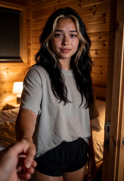 Location: night inside a cozy wooden cabin with warm, low-level amber light from a small bedside lamp casting soft gl…