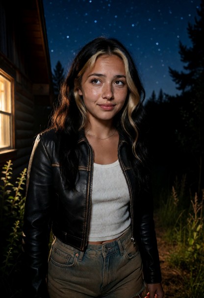 Location: evening outside the rustic cabin under a vast, deep blue starlit sky, with the soft amber glow from the cab…