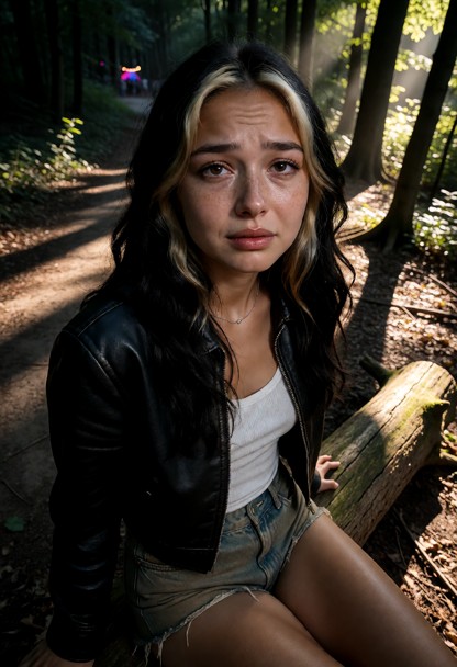 Location: evening in a dim woodland area near the edge of a path, with soft, dappled light from the distant party fil…