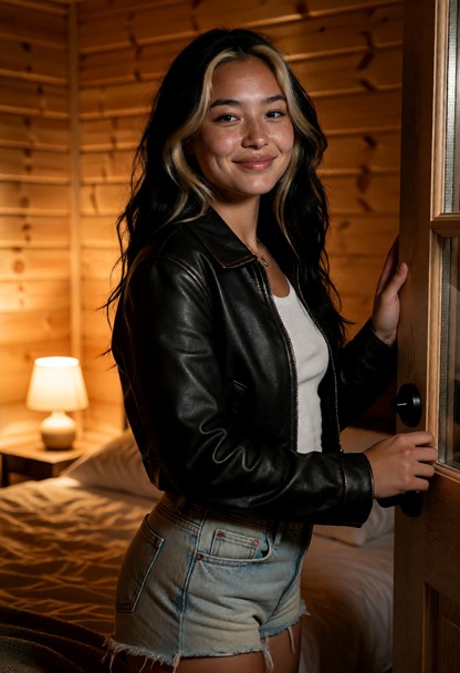 Location: night inside a cozy wooden cabin with warm, low-level amber light from a small bedside lamp casting soft gl…